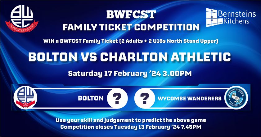BWFCST Family Ticket Competition Win Charlton Athletic Tickets