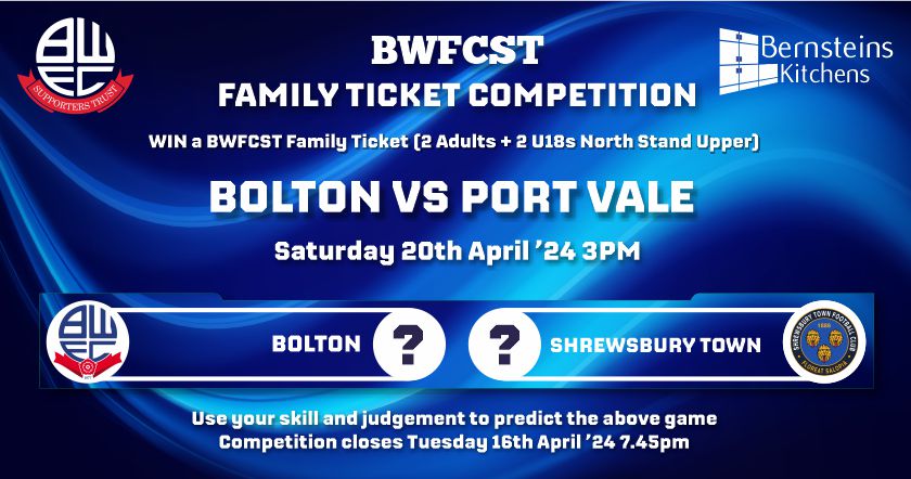 BWFCST Family Ticket Competition Win Port Vale Tickets